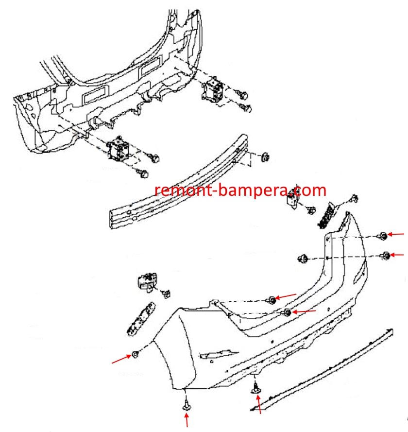 Схема крепления заднего бампера Nissan Leaf II (ZE1) (2017-2023)