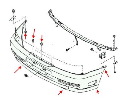 schéma de montage du pare-chocs avant Nissan Almera N15 (1995-2000)