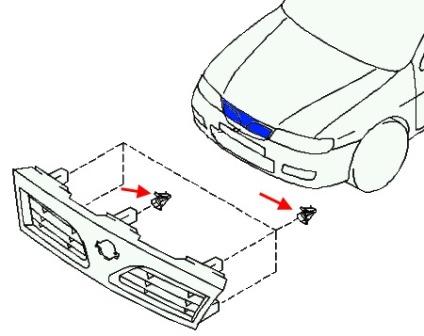 esquema de montaje de la parrilla del radiador Nissan Almera N15 (1995-2000)