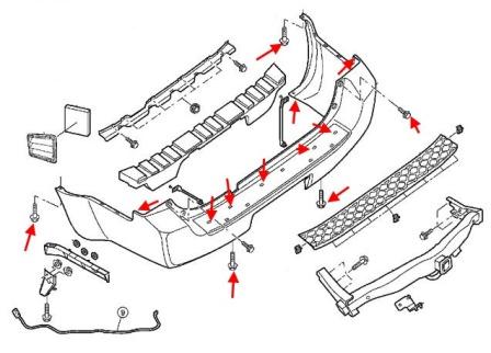 diagrama de montaje del parachoques trasero Nissan Pathfinder (2005-2014)