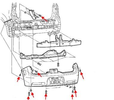 Schema di montaggio del paraurti posteriore Nissan Cube