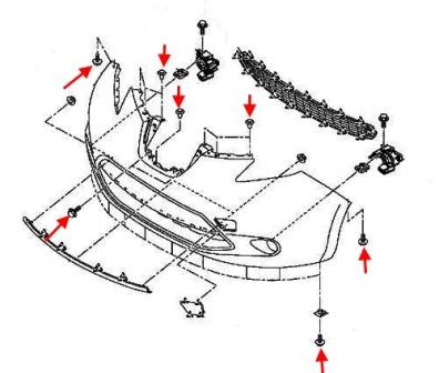 Schema di montaggio del paraurti anteriore Nissan Leaf I (ZE0/AZE0) (2010-2017)