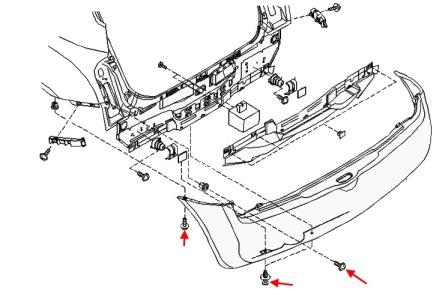the scheme of fastening of the rear bumper Nissan Micra k12 (2002-2010)
