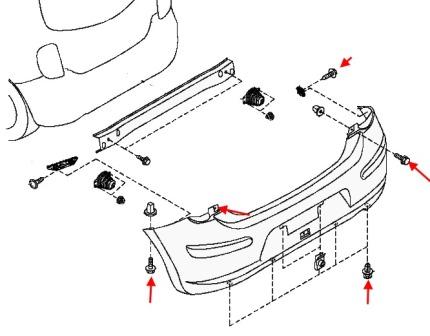 the scheme of fastening of the rear bumper Nissan Micra k13 (after 2010)