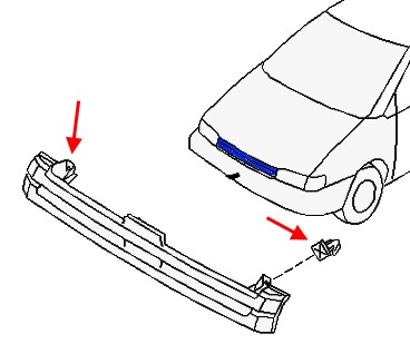 scheme of fastening of the radiator grille of the Nissan PRAIRIE