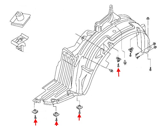 scheme of fastening of the front inner fender Nissan Quest V42 (2003-2009)