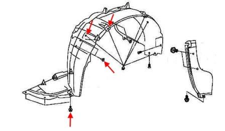 schéma de montage de la doublure de passage de roue avant Nissan Tiida C11 (2004-2014)