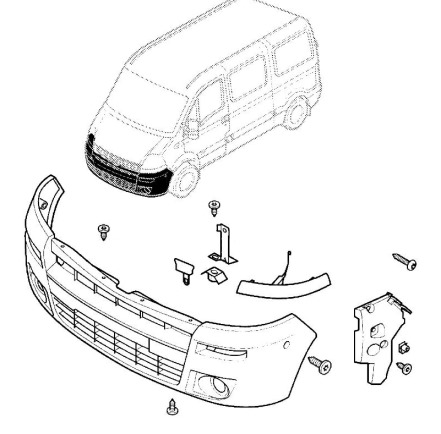 Schéma de montage du pare-chocs avant Opel Movano A (1999-2010)