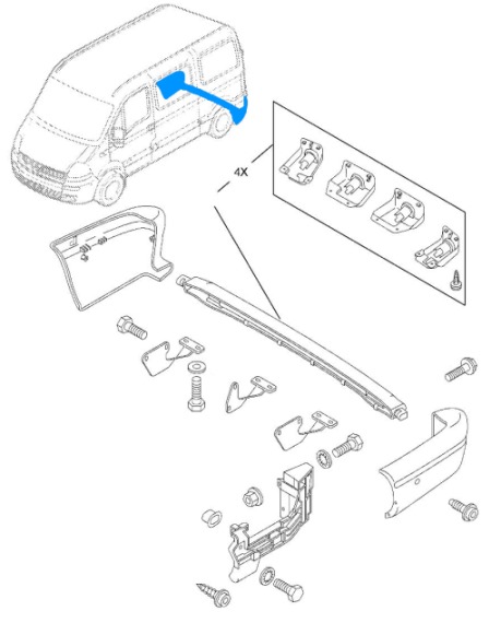 Schéma de montage du pare-chocs arrière Opel Movano A (1999-2010)