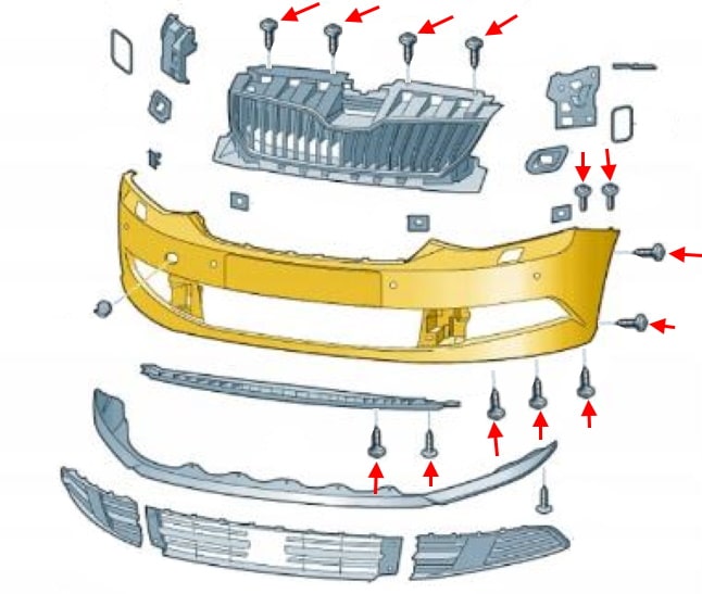 Esquema de montaje del parachoques delantero Skoda Fabia NJ Mk3 (2014-2021)