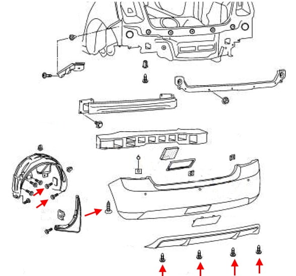Schema di montaggio del paraurti posteriore Skoda Fabia NJ Mk3 (2014-2021)