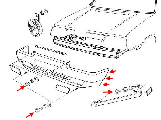 Schema di montaggio del paraurti anteriore Skoda Favorit
