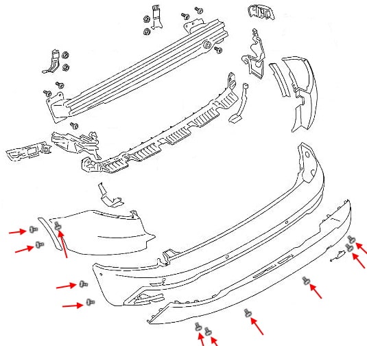 Schema di montaggio del paraurti posteriore Skoda Karoq I (2017+)