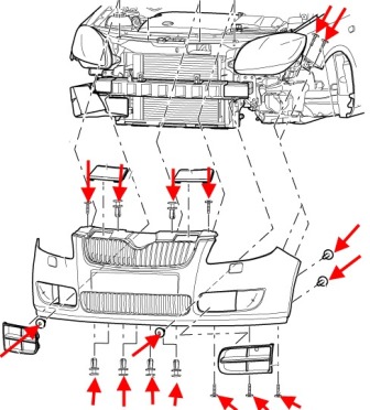 Schéma de montage du pare-chocs avant SKODA FABIA MK2 (2007-2014).