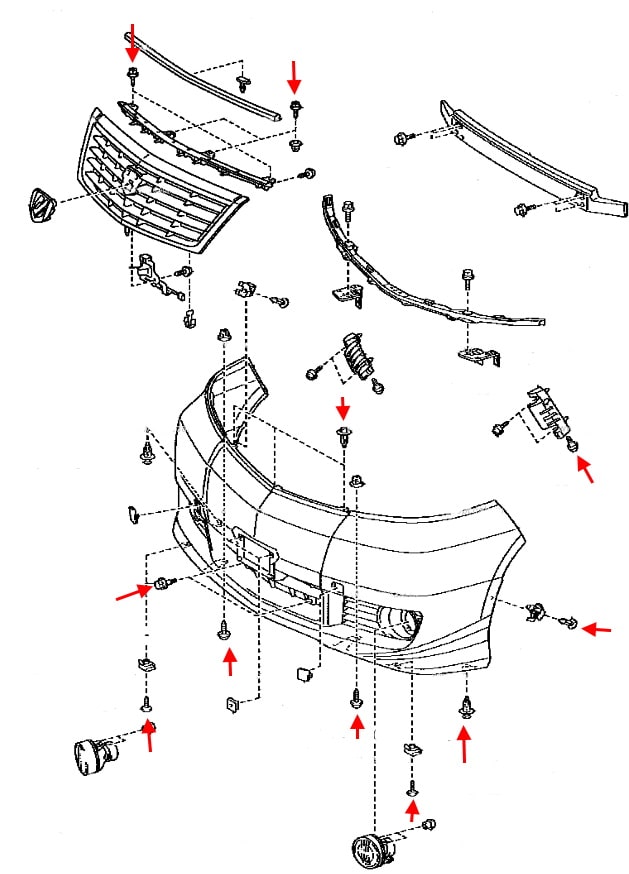 Schéma de montage du pare-chocs avant Toyota Alphard (2002-2008)