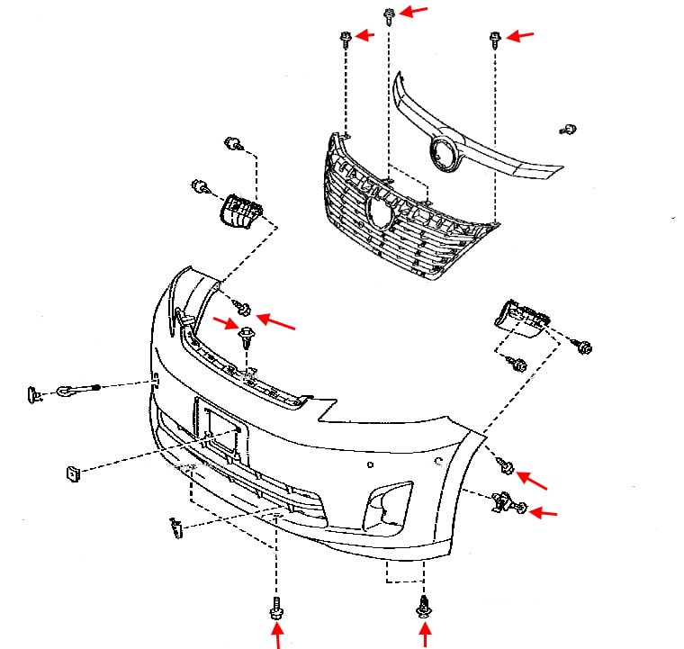 Schema di montaggio del paraurti anteriore Toyota Alphard (2008-2015)