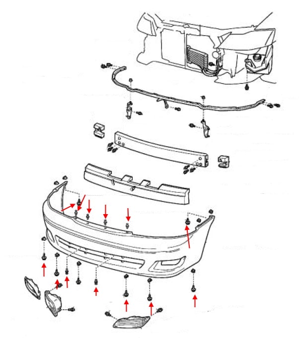 Schéma de montage du pare-chocs avant Toyota Avalon (2000-2004)