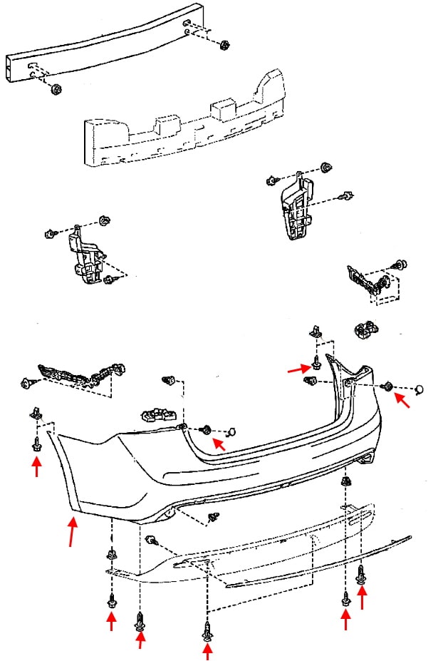 Schema di montaggio del paraurti posteriore Toyota Avalon (2013-2018)