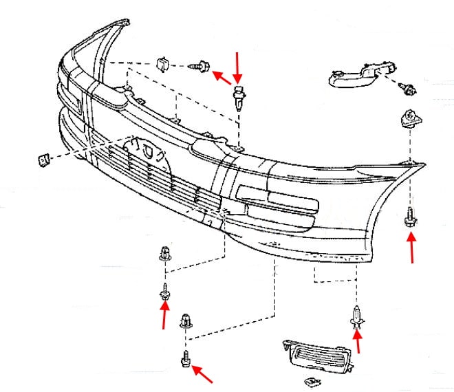 Diagrama de montaje del parachoques delantero del Toyota Avensis Verso