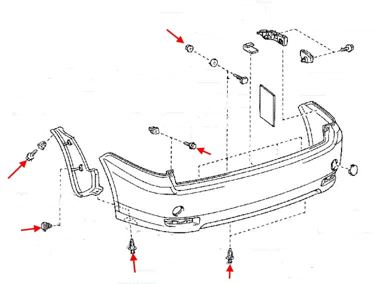 Diagrama de montaje del parachoques trasero del Toyota Avensis Verso