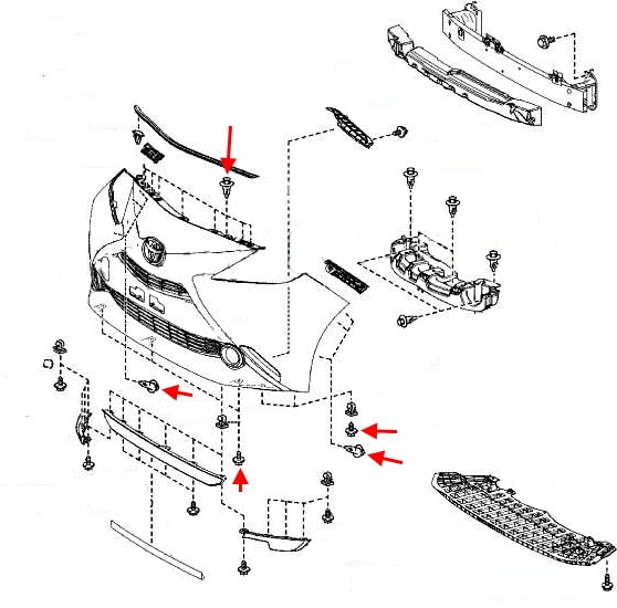 Schéma de montage du pare-chocs avant Toyota Aygo (2015-2021)