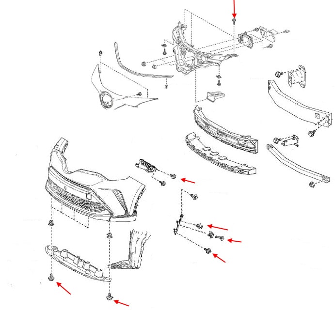 Diagrama de montaje del parachoques delantero del Toyota C-HR