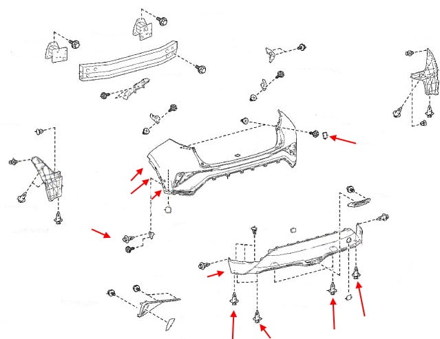 Diagrama de montaje del parachoques trasero del Toyota C-HR