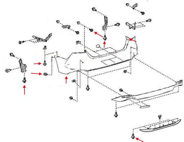 Schema di montaggio del paraurti posteriore Toyota Camry XV70 (2018+)