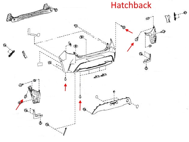 Schema di montaggio del paraurti posteriore Toyota Corolla Hatchback XII (E210) (2019+)