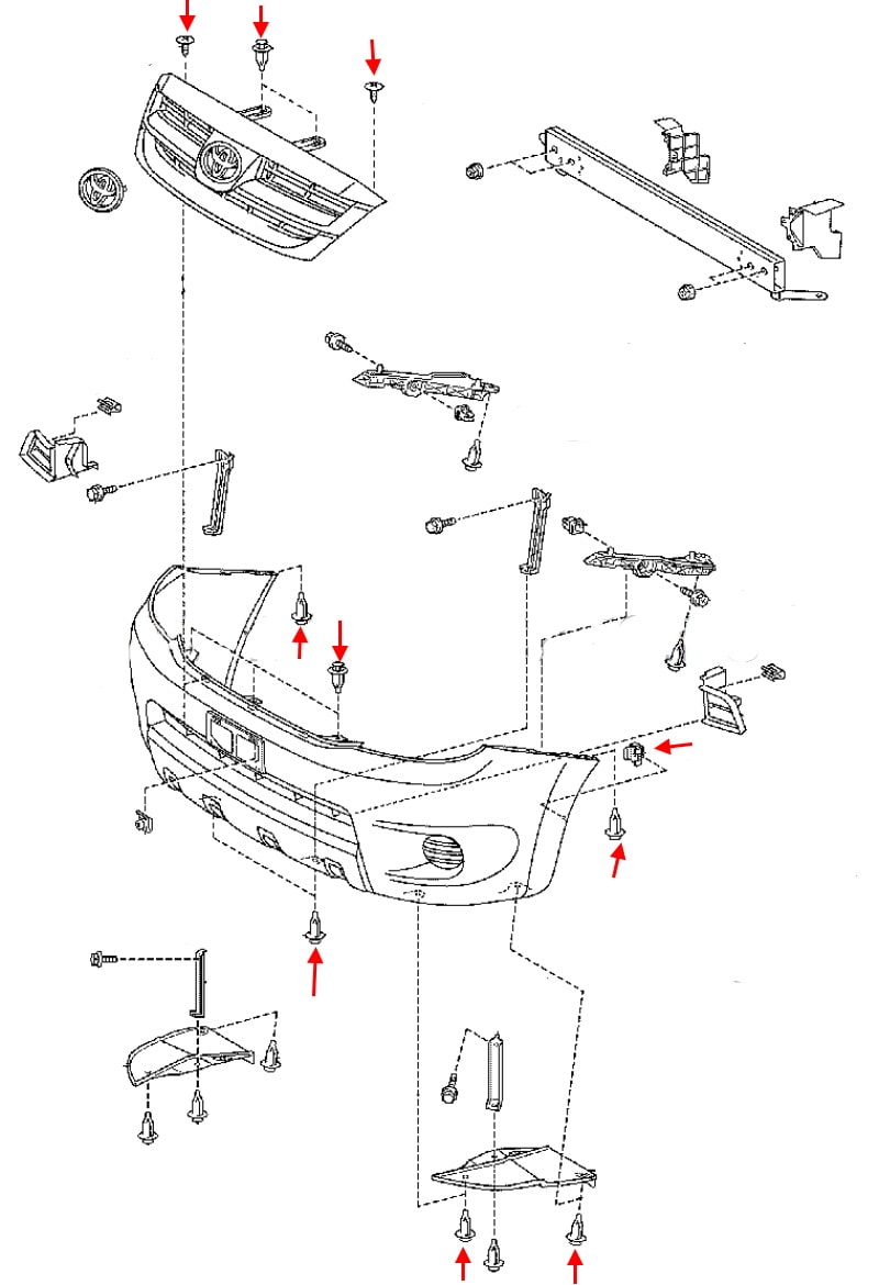 Схема крепления переднего бампера Toyota Fortuner SW4 (2004-2015)