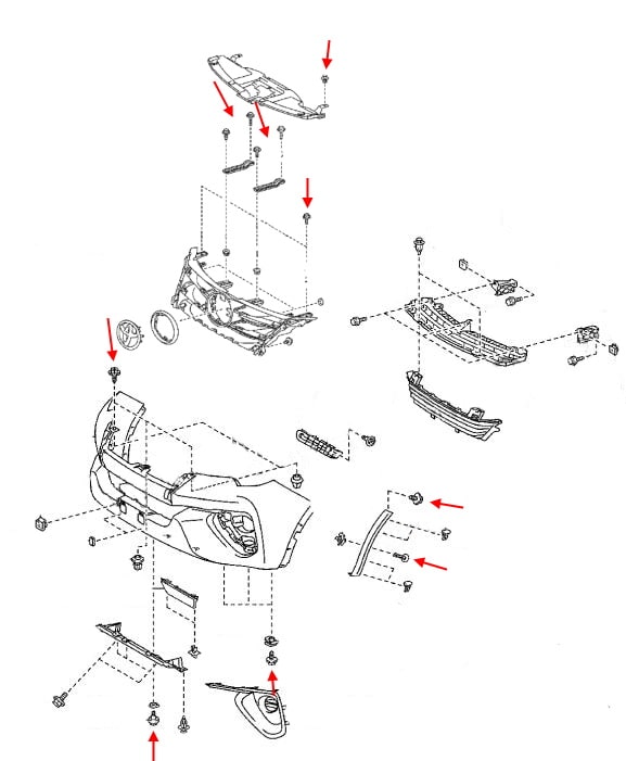 Schéma de montage du pare-chocs avant Toyota Fortuner SW4 (2015+)