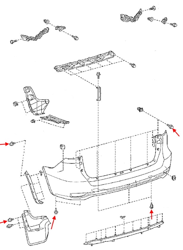 Schema di montaggio del paraurti posteriore Toyota Fortuner SW4 (2015+)