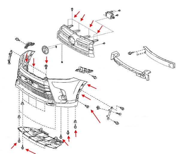 Schéma de montage du pare-chocs avant Toyota Highlander XU50 (2013-2019)