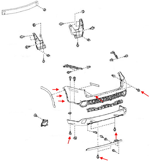 Schema di montaggio del paraurti posteriore Toyota Highlander XU50 (2013-2019)
