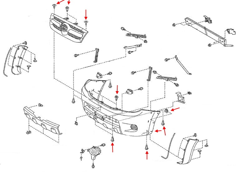 Schema di montaggio del paraurti anteriore Toyota Hilux VII (2004-2015)