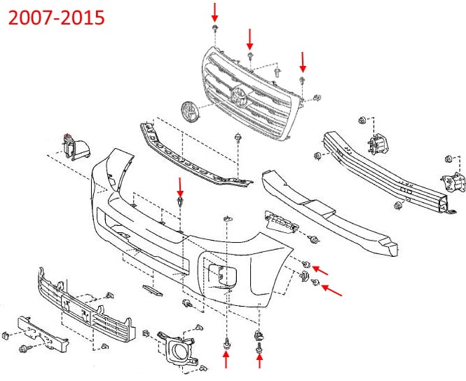 Schema di montaggio del paraurti anteriore Toyota Land Cruiser J200 (2007-2015)