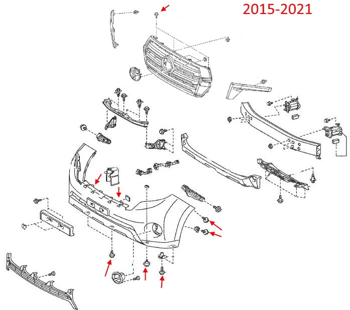 Schéma de montage du pare-chocs avant Toyota Land Cruiser J200 (2015-2021)