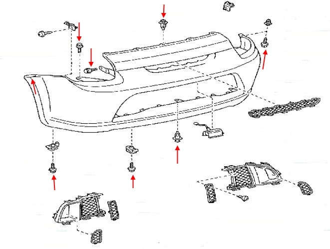 Esquema de montaje del parachoques trasero Toyota MR2 (1999-2007)