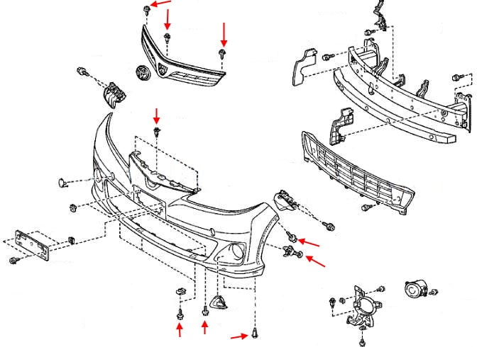 Schema di montaggio del paraurti anteriore Toyota Previa (2006-2019)