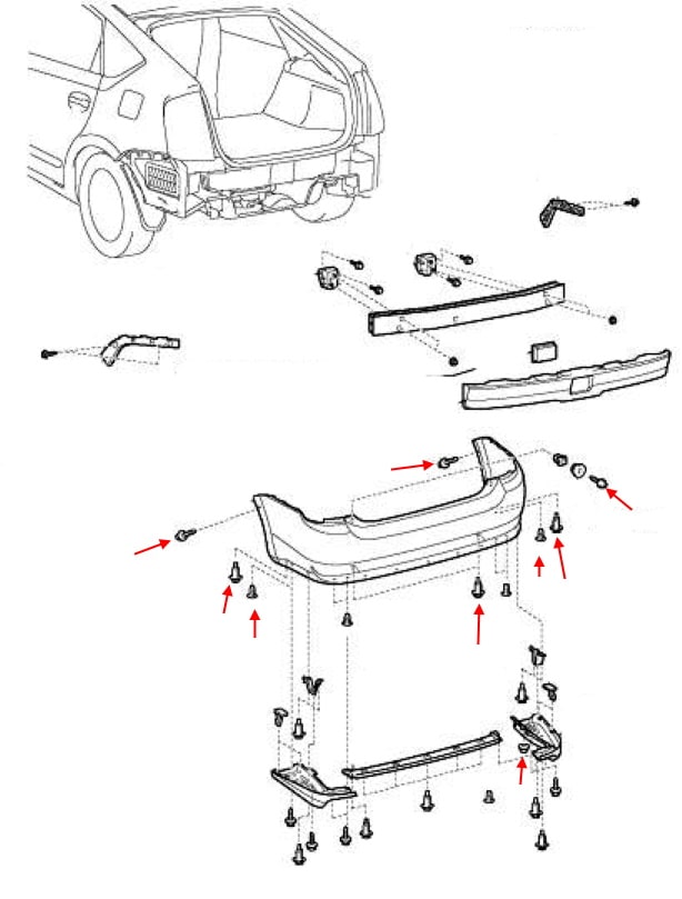 Schéma de montage du pare-chocs arrière Toyota Prius II XW20 (2003-2009)