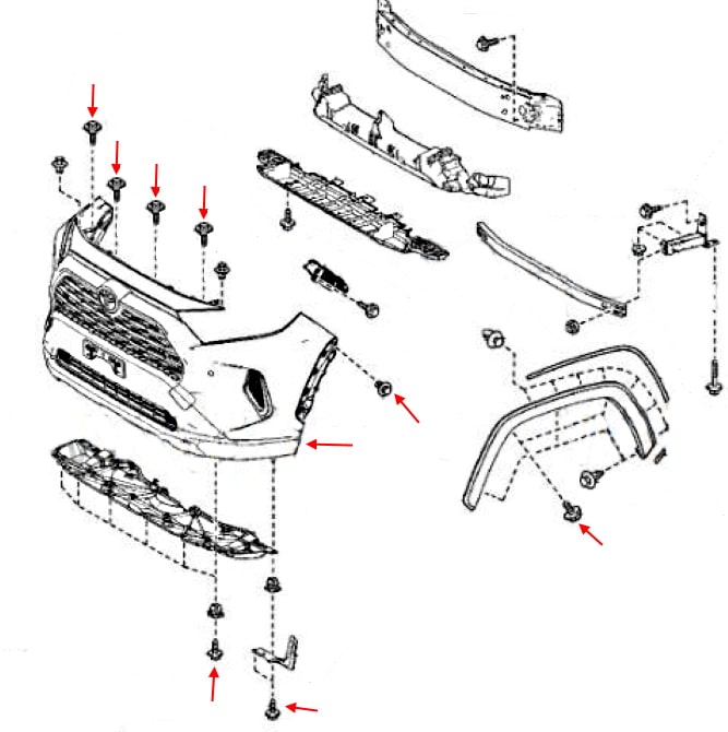 Schéma de montage du pare-chocs avant Toyota RAV4 V XA50 (2018+)