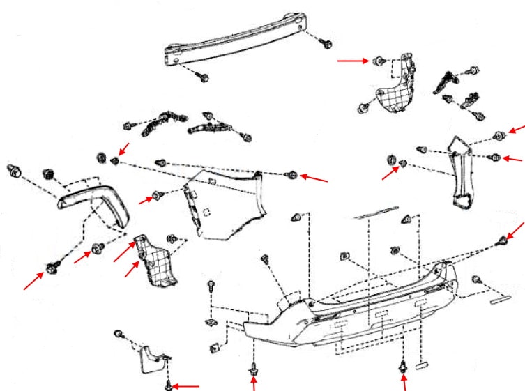 Schéma de montage du pare-chocs arrière Toyota RAV4 V XA50 (2018+)