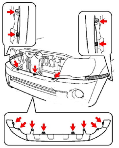 Schema di montaggio del paraurti anteriore Toyota Tacoma II (2005-2015)