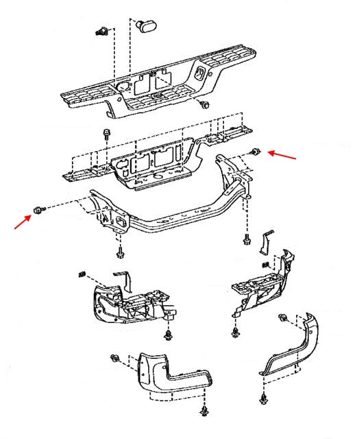 Schema di montaggio del paraurti posteriore Toyota Tacoma III N300 (2016+)