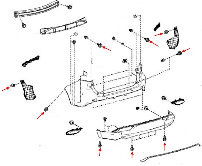 Schema di montaggio del paraurti posteriore Toyota Venza XU80 (2020+)