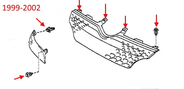 Schema di montaggio della griglia del radiatore Toyota Yaris Verso (1999-2005)