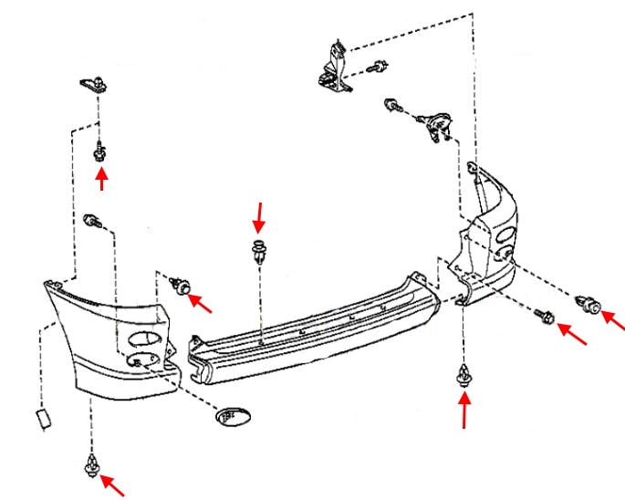 Schema di montaggio del paraurti posteriore Toyota Yaris Verso (1999-2005)