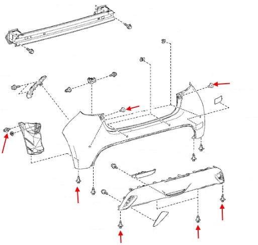 Schema di montaggio del paraurti posteriore Toyota Yaris XP210 (2020+)