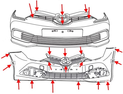 Schema di montaggio del paraurti anteriore Toyota Auris (2012-2018)