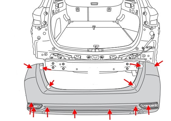 Schéma de montage du pare-chocs arrière Toyota Auris (2012-2018)
